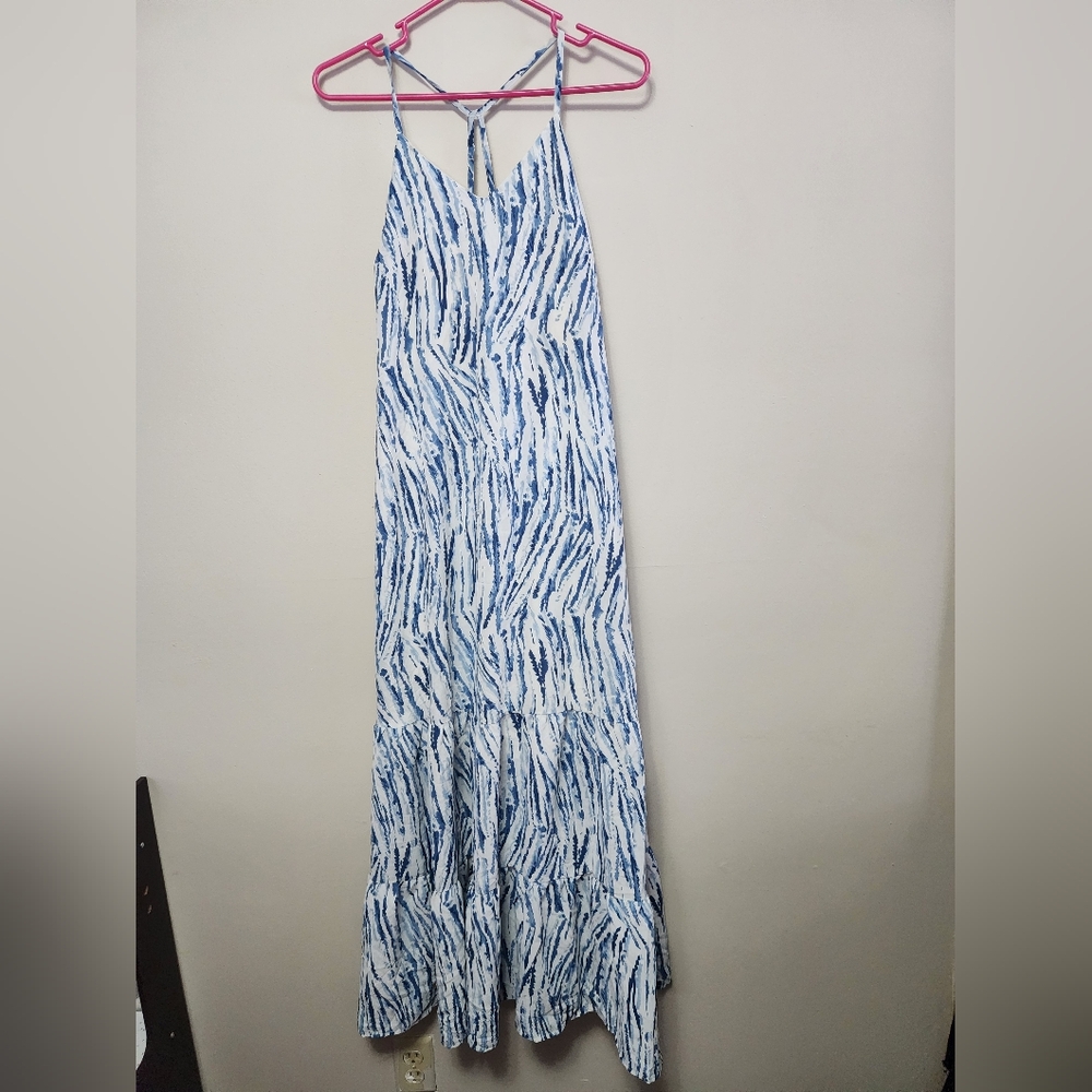 She + Sky Maxi Dress Blue Flutter Sleeveless Tank Cottagecore Boho Prairie Large